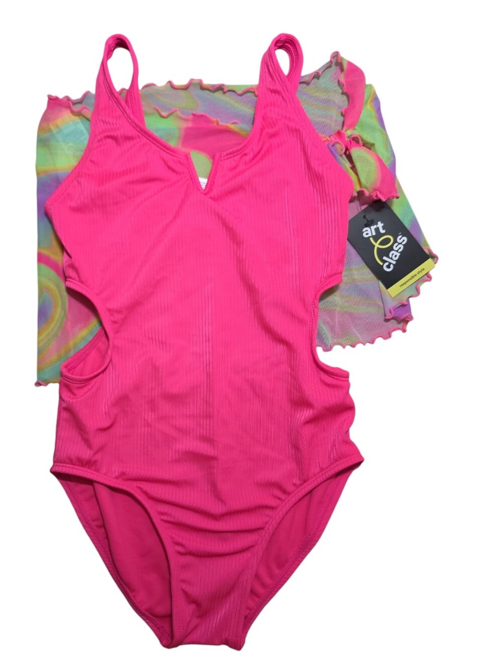 Art Class Girls' Hot Pink One-Piece Swimsuit With Rainbow Mesh Skirt Large 10/12
